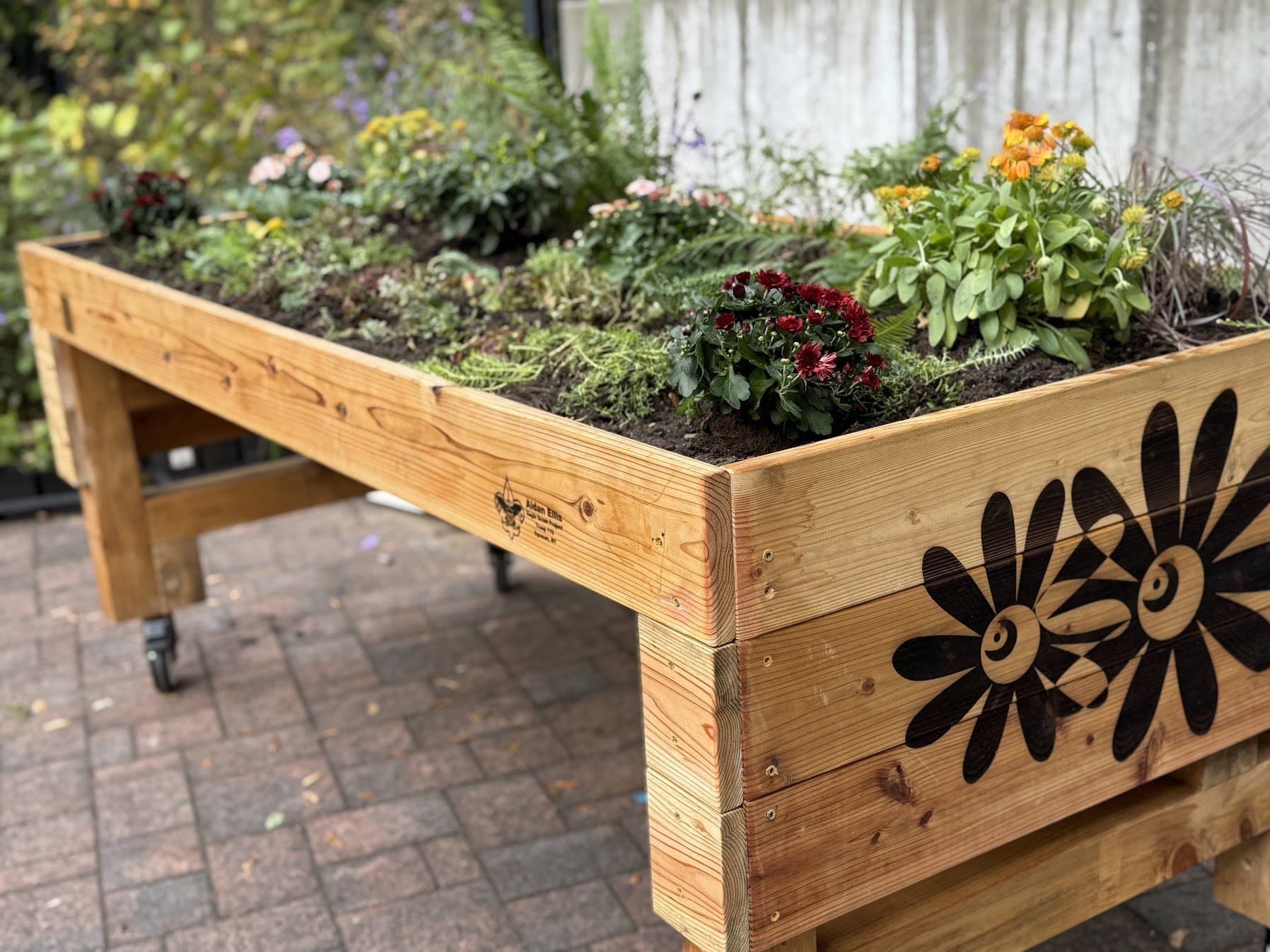 Raised cedar sensory planter with a sunflower design on the patio at the Nassau County Museum of Art