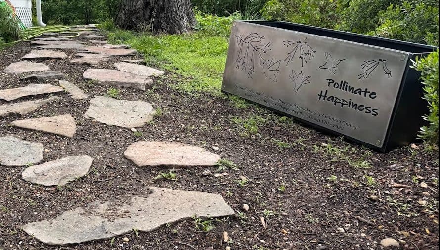 Steel Pollinate Happiness planter beside a stepping-stone path at the Theodore Roosevelt Sanctuary